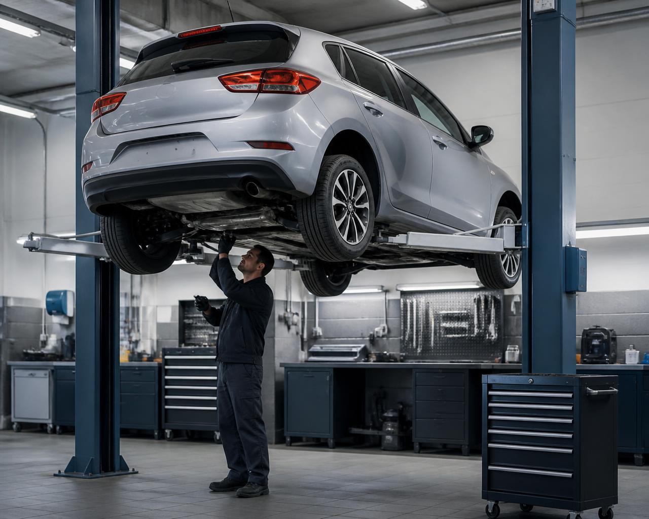 Automobilis, pakeltas ant keltuvo autoservise, mechanikas tikrina važiuoklę